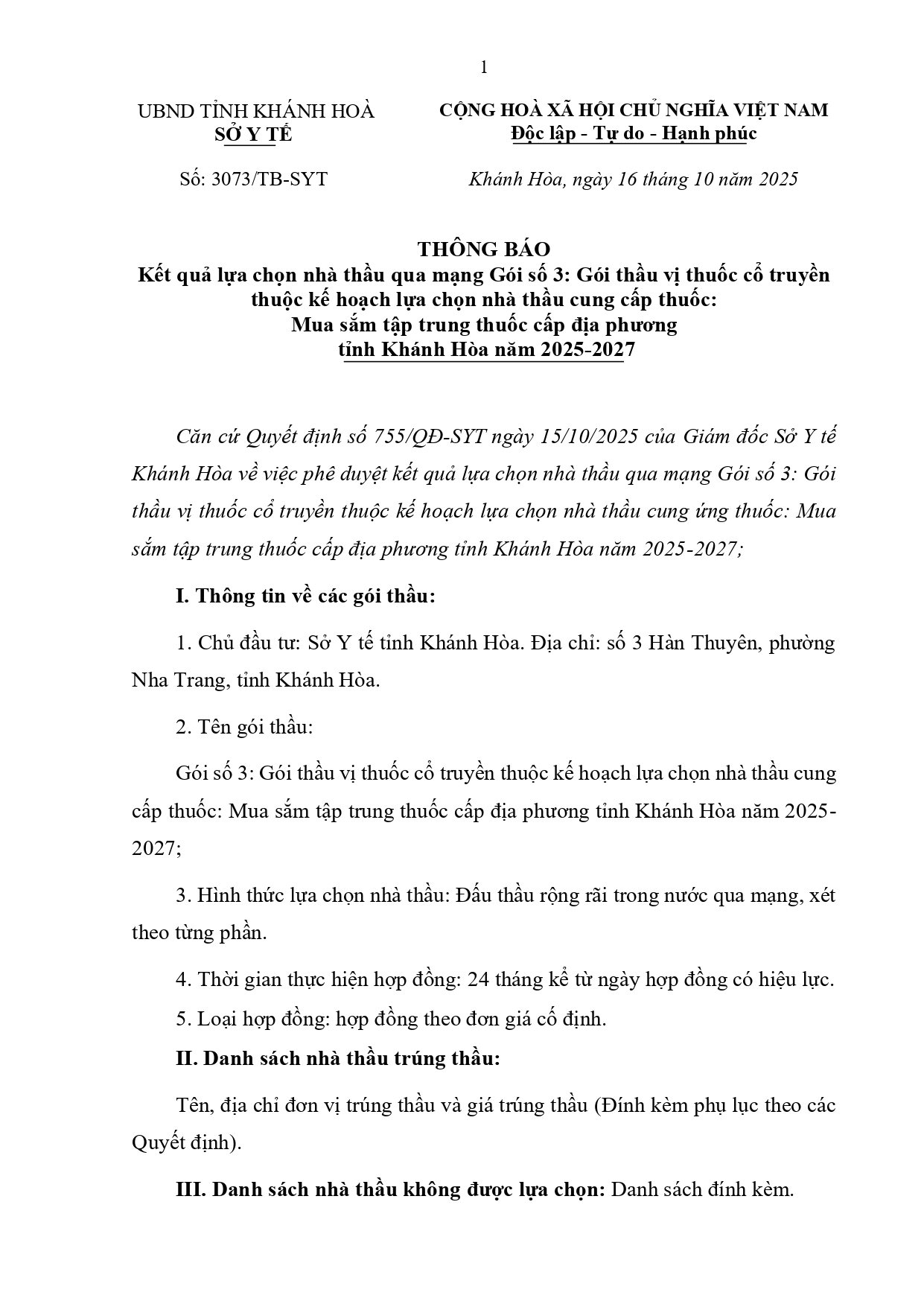 THÔNG BÁO Kết quả lựa chọn nhà thầu qua mạng Gói số 3: Gói thầu vị thuốc cổ truyền thuộc kế hoạch lựa chọn nhà thầu cung cấp thuốc: Mua sắm tập trung thuốc cấp địa phương tỉnh Khánh Hòa năm 2025-2027